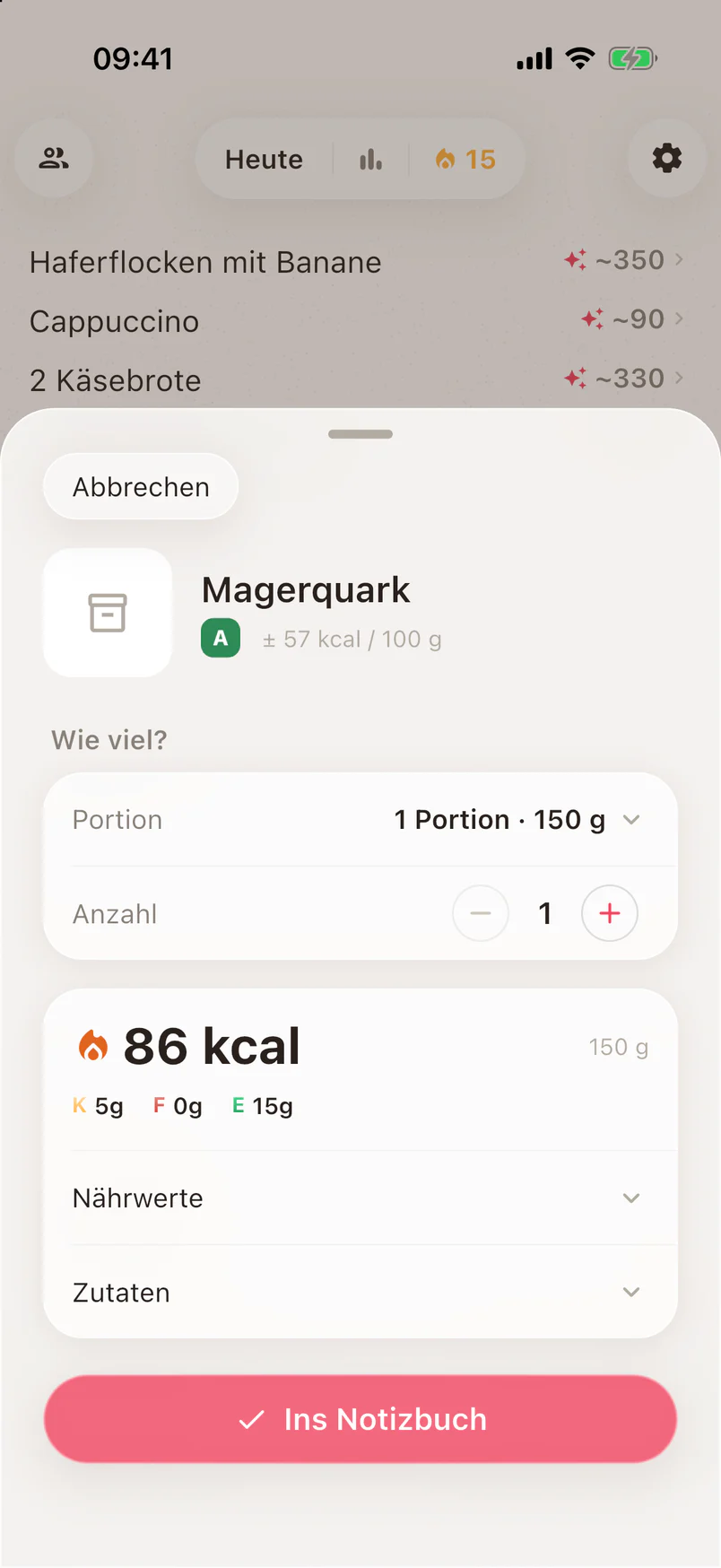 Ein gescanntes Produkt mit Portion, Kalorien und Makros vom Etikett