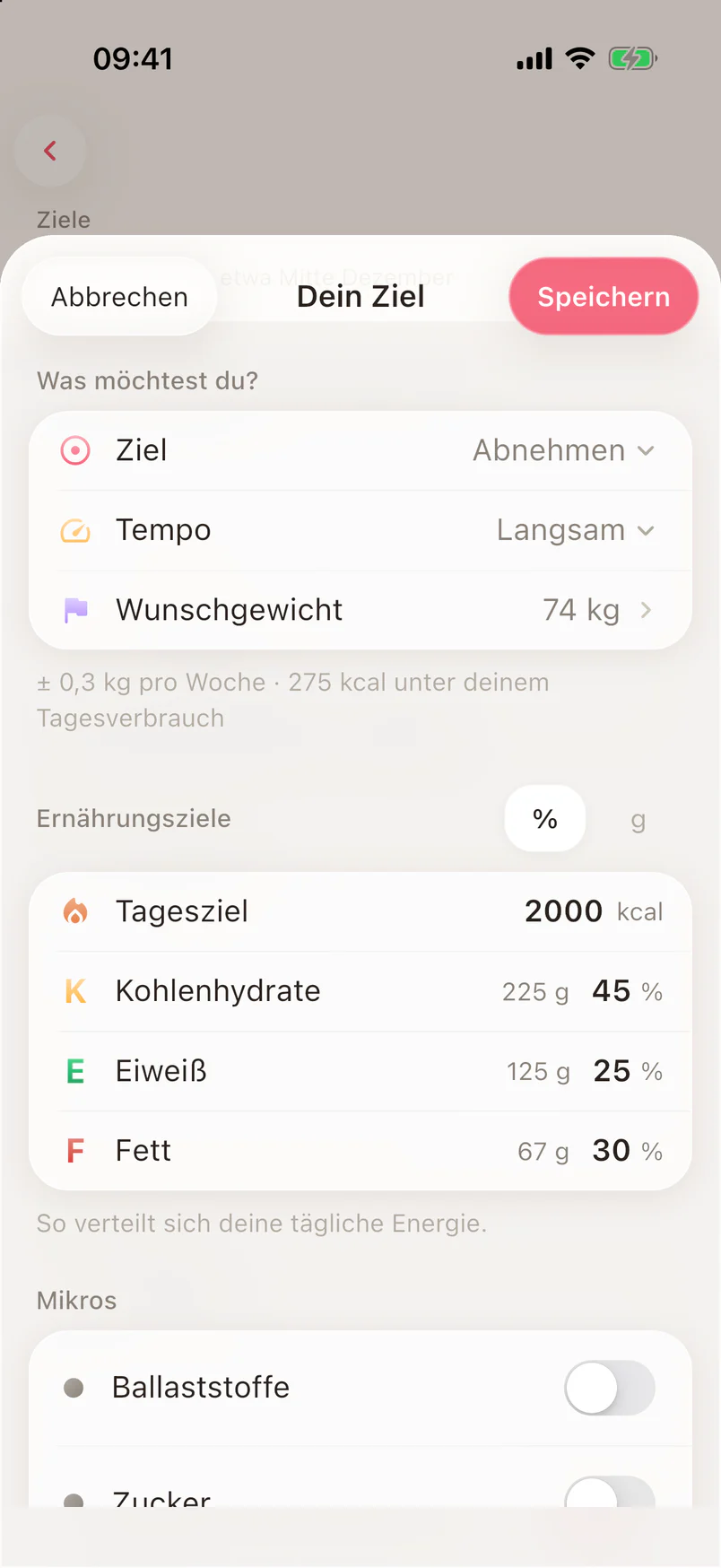 Der Zielbildschirm mit Ziel, Tempo, Zielgewicht und der Aufteilung des Tagesziels auf die Makros