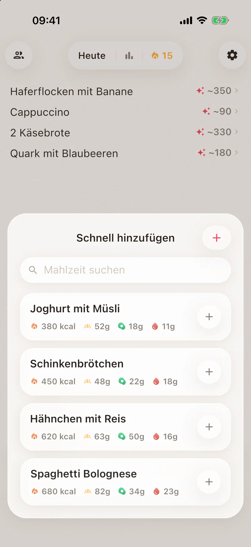 Die Liste der gespeicherten Mahlzeiten