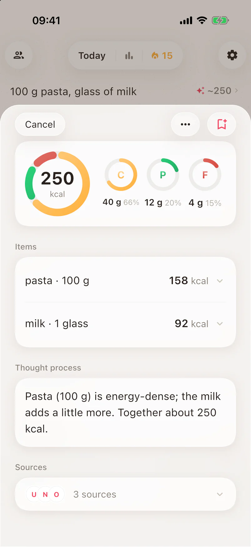 Noots with an estimate opened: 250 kcal for 100 g pasta and a glass of milk, with macros, reasoning and sources