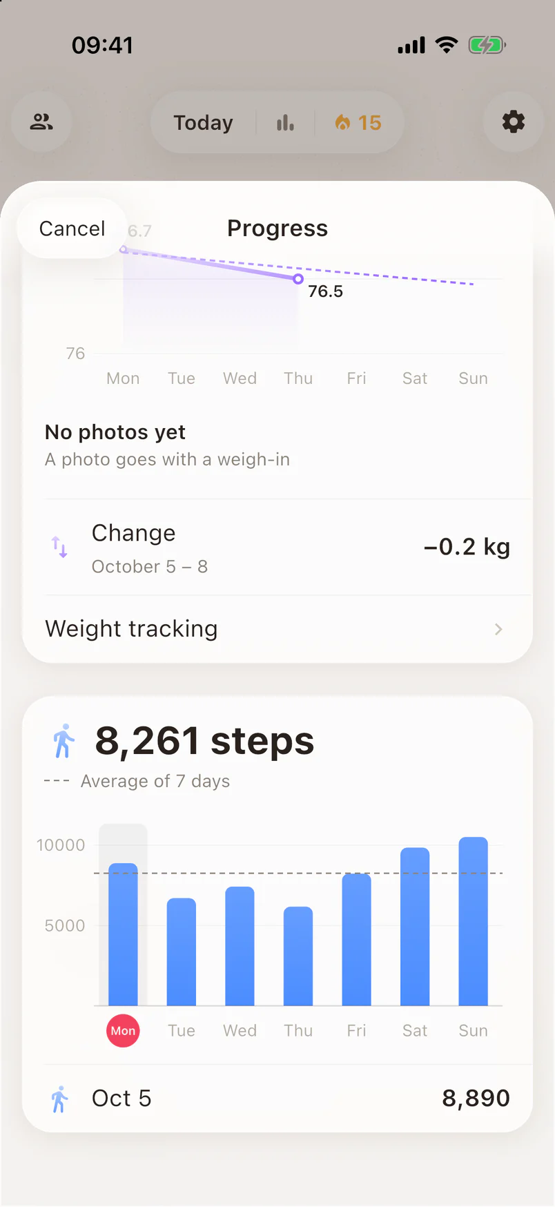 Steps this week: 8261 a day on average, with a bar per day