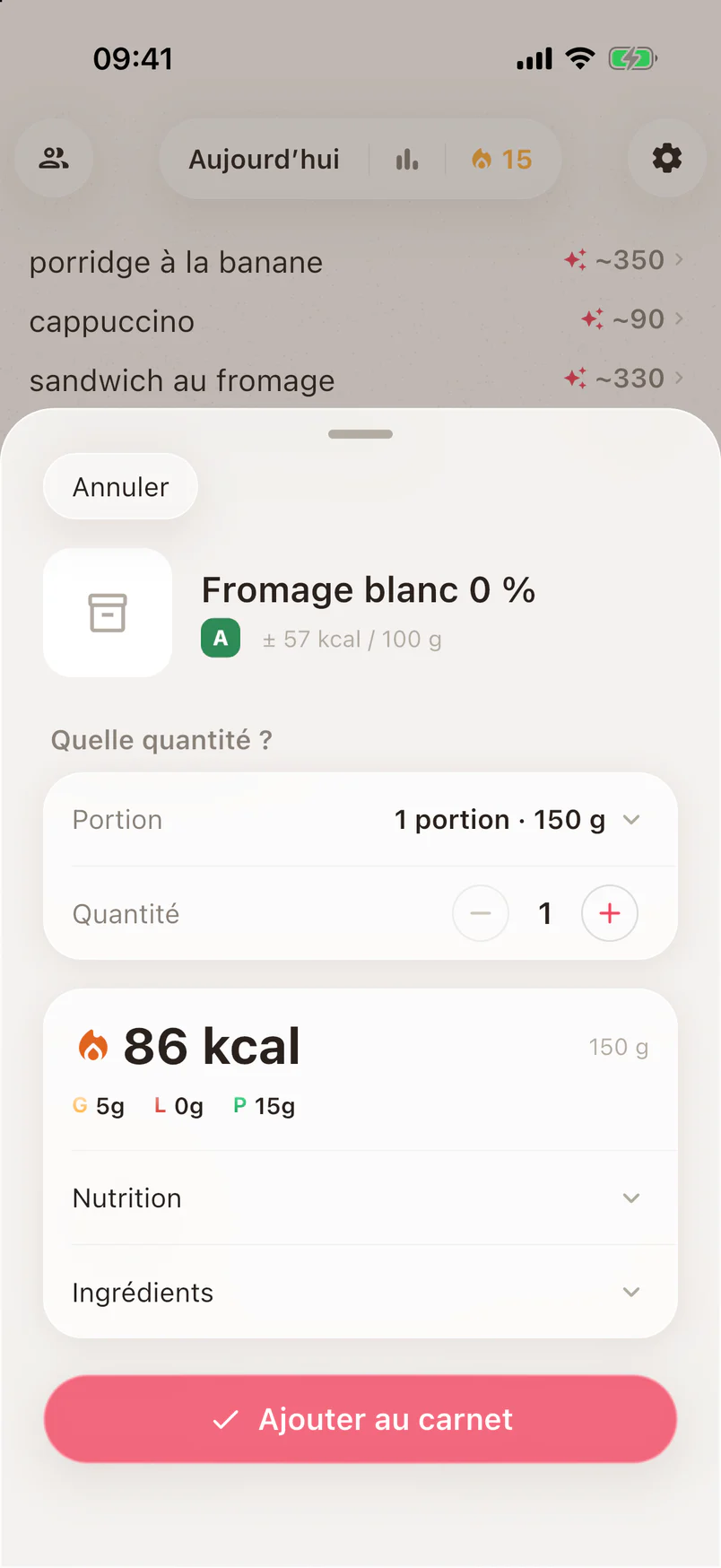 Un produit scanné avec la portion, les calories et les macros de son étiquette