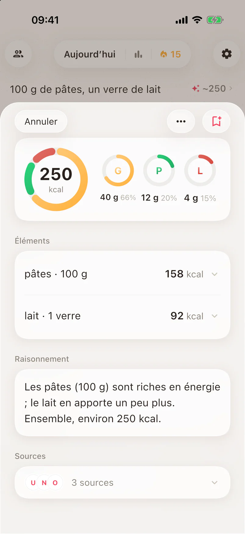 Noots avec une estimation ouverte : 250 kcal pour 100 g de pâtes et un verre de lait, avec macros, explication et sources