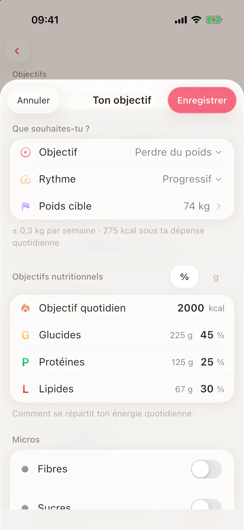L’écran d’objectif avec objectif, rythme, poids cible et la répartition de l’objectif du jour entre les macros