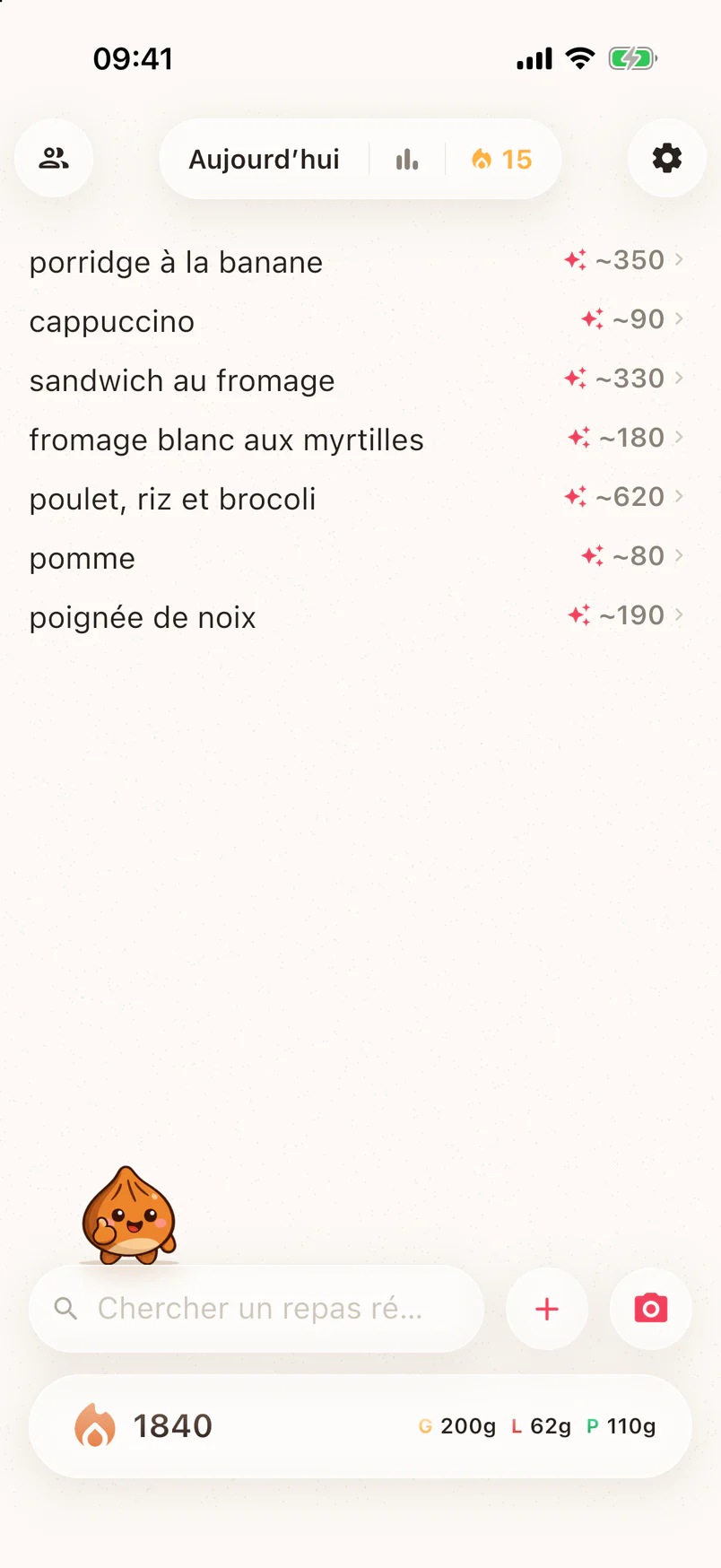 Le carnet Noots avec les repas d’une journée et leurs calories estimées