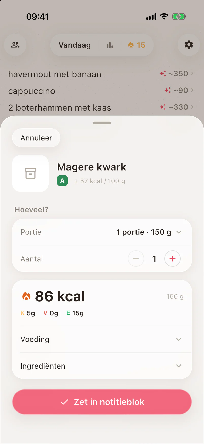 Een gescand product met portie, calorieën en macro’s van het etiket