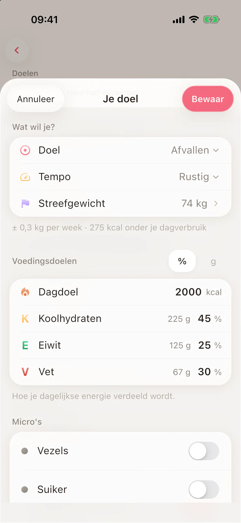 Het doelscherm met doel, tempo, streefgewicht en de verdeling van het dagdoel over de macro’s